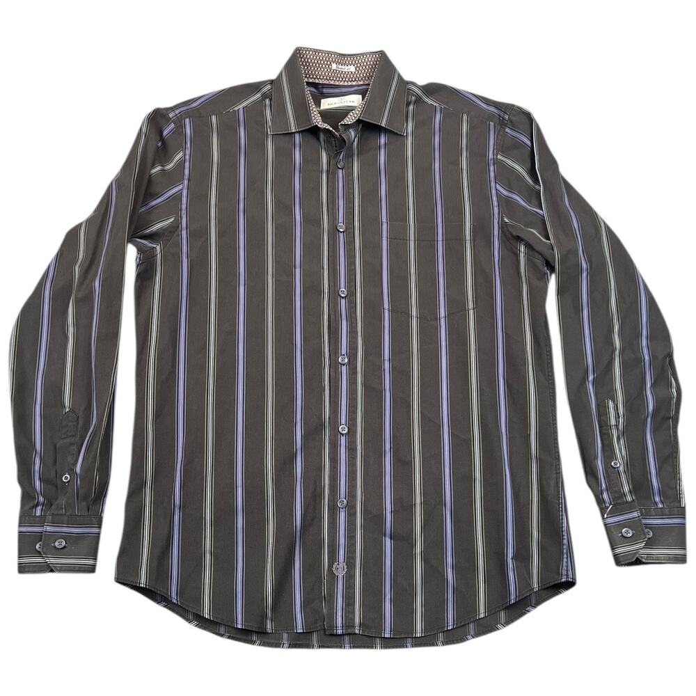 Bugatchi Uomo Button Up Shirt Striped Black Purple Shaped Fit 100% Cotton - M